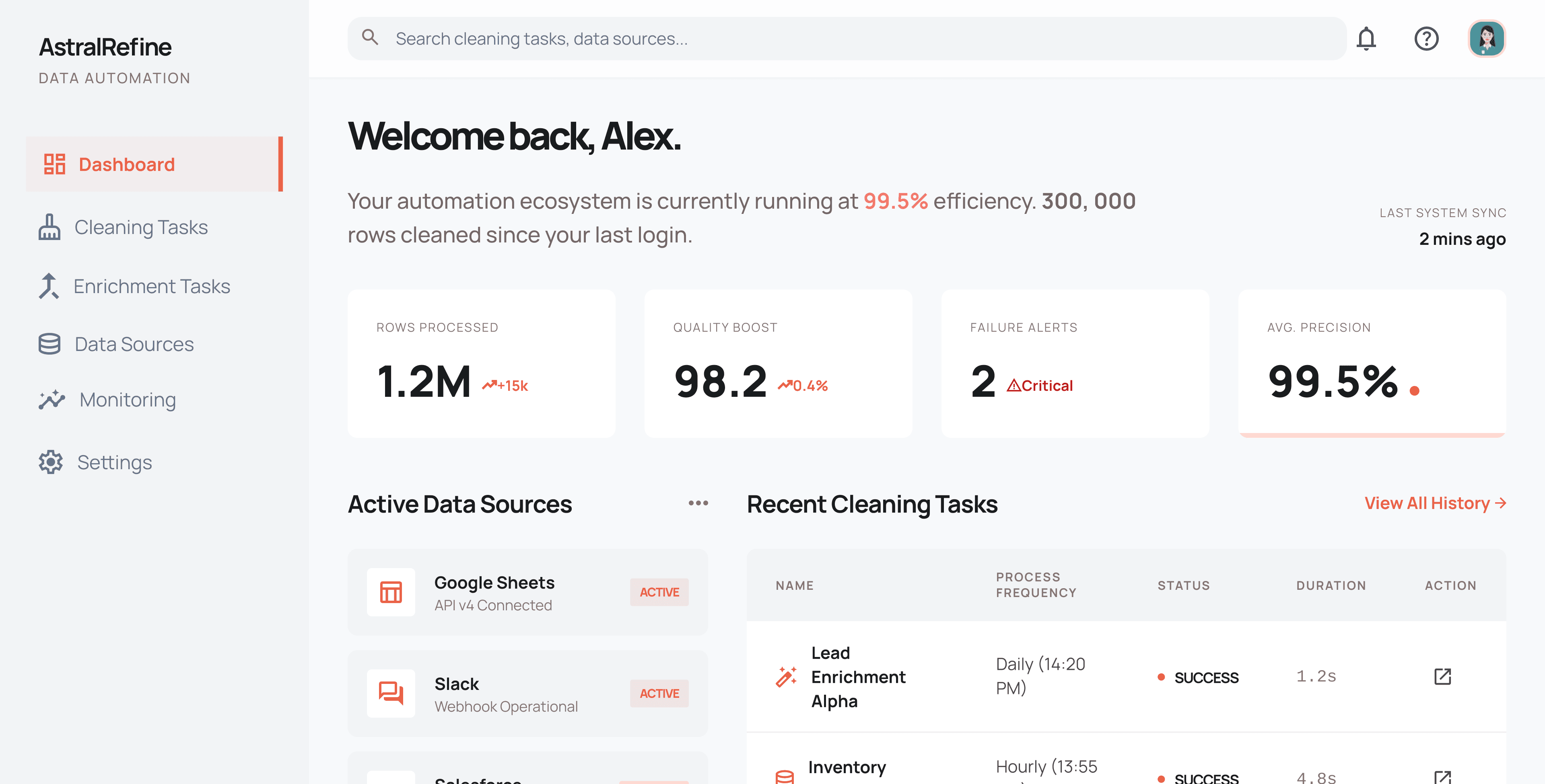 AstralRefine dashboard showing AI-powered data cleaning workflow with column type inference and transformation steps